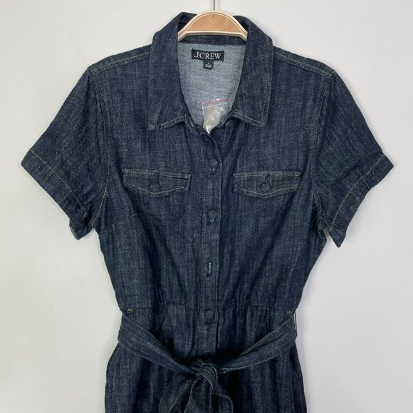 J. Crew Short sleeve tie waist button up Denim Dress Belted Midi Size 8 Dark - Picture 9 of 12